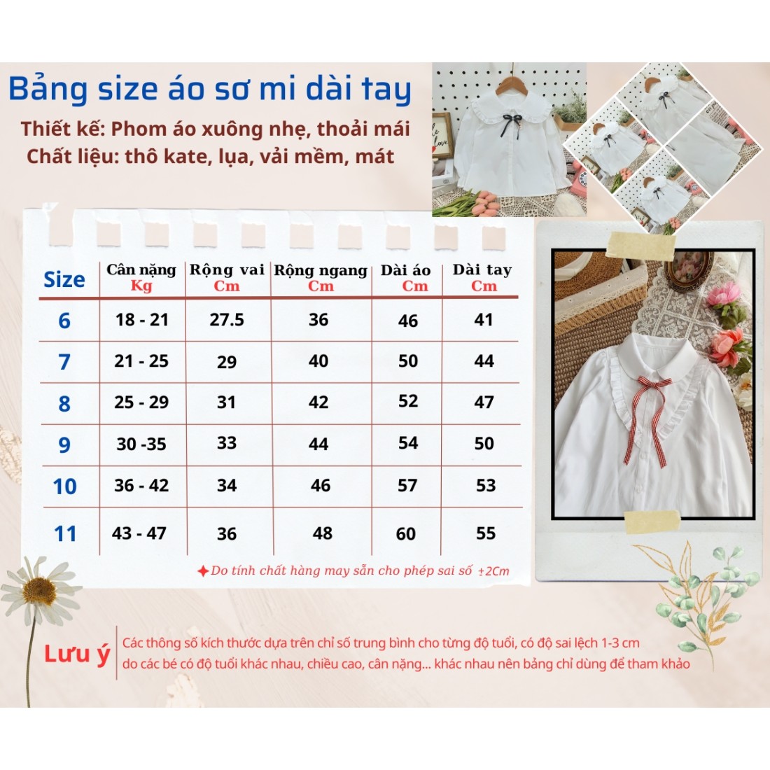 Áo sơ mi trắng dài tay học sinh tiểu học size 6 -10-ÁO SƠ MI DÀI TAY BÉ GÁI