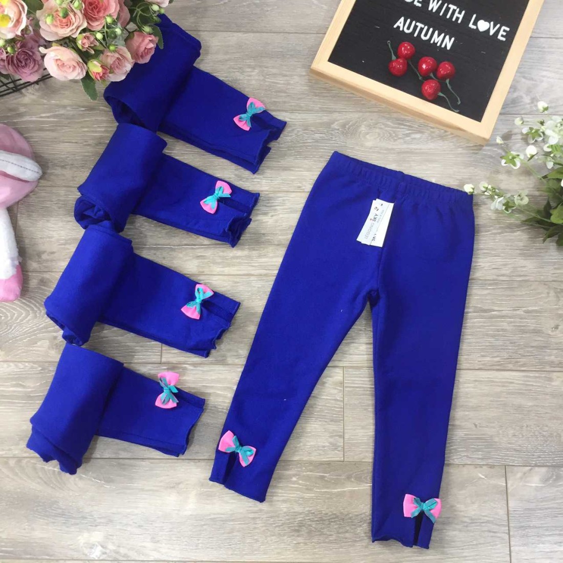 Quần legging nỉ da cá chun xe gấu nơ - xanh biển-