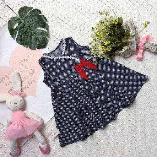 Váy chấm bi cổ chéo ren hoa nơ ngực -VC29205-kidsky-bán sỉ Váy chấm bi cổ chéo ren hoa nơ ngực -VC29205 Váy chấm bi cổ chéo ren hoa nơ ngực -VC29205-