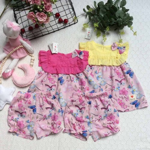 Bộ lanh sát nách bèo ngực nơ vai - B39135-kidsky-bán sỉ Bộ lanh sát nách bèo ngực nơ vai - B39135 Bộ lanh sát nách bèo ngực nơ vai - B39135-