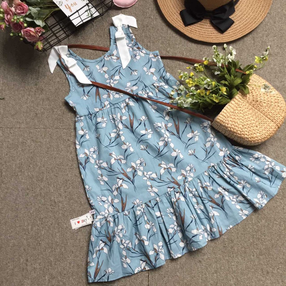 Váy sát nách hoa thô - dáng maxi nơ vai-kidsky-bán sỉ Váy sát nách hoa thô - dáng maxi nơ vai Váy sát nách hoa thô - dáng maxi nơ vai-