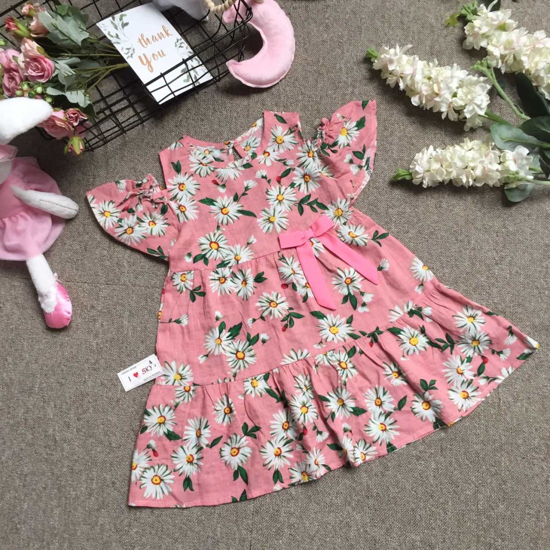 Váy thô hoa nơ eo 2 tầng vai trễ  size 4-8-