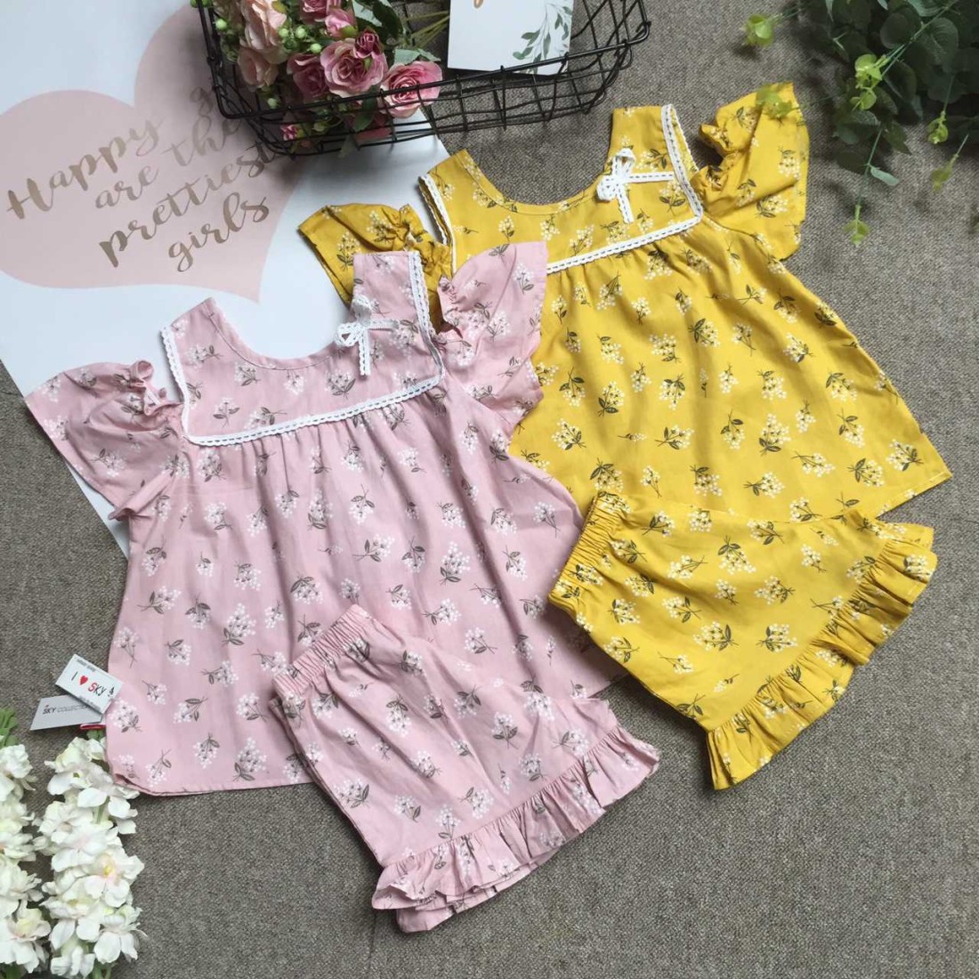 Bộ hoa thô bé gái tay trễ ngực ren size 4 -8-