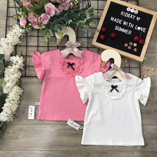 Áo cotton bé gái bèo chùm nơ cổ-kidsky-bán sỉ Áo cotton bé gái bèo chùm nơ cổ Áo cotton bé gái bèo chùm nơ cổ-