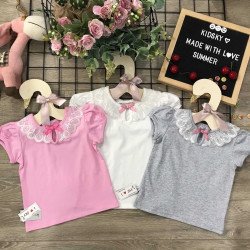 Áo thun cotton cổ ren nơ bé gái 