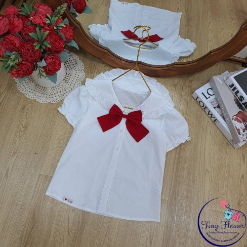 Áo sơ mi trắng cổ điệu nơ đỏ size 7-11-kidsky-bán sỉ Áo sơ mi trắng cổ điệu nơ đỏ size 7-11 Áo sơ mi trắng cổ điệu nơ đỏ size 7-11-ÁO SƠ MI CỘC TAY BÉ GÁI