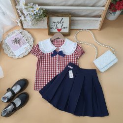 Áo sơ mi kẻ đỏ caro cổ điệu học sinh size 7-11