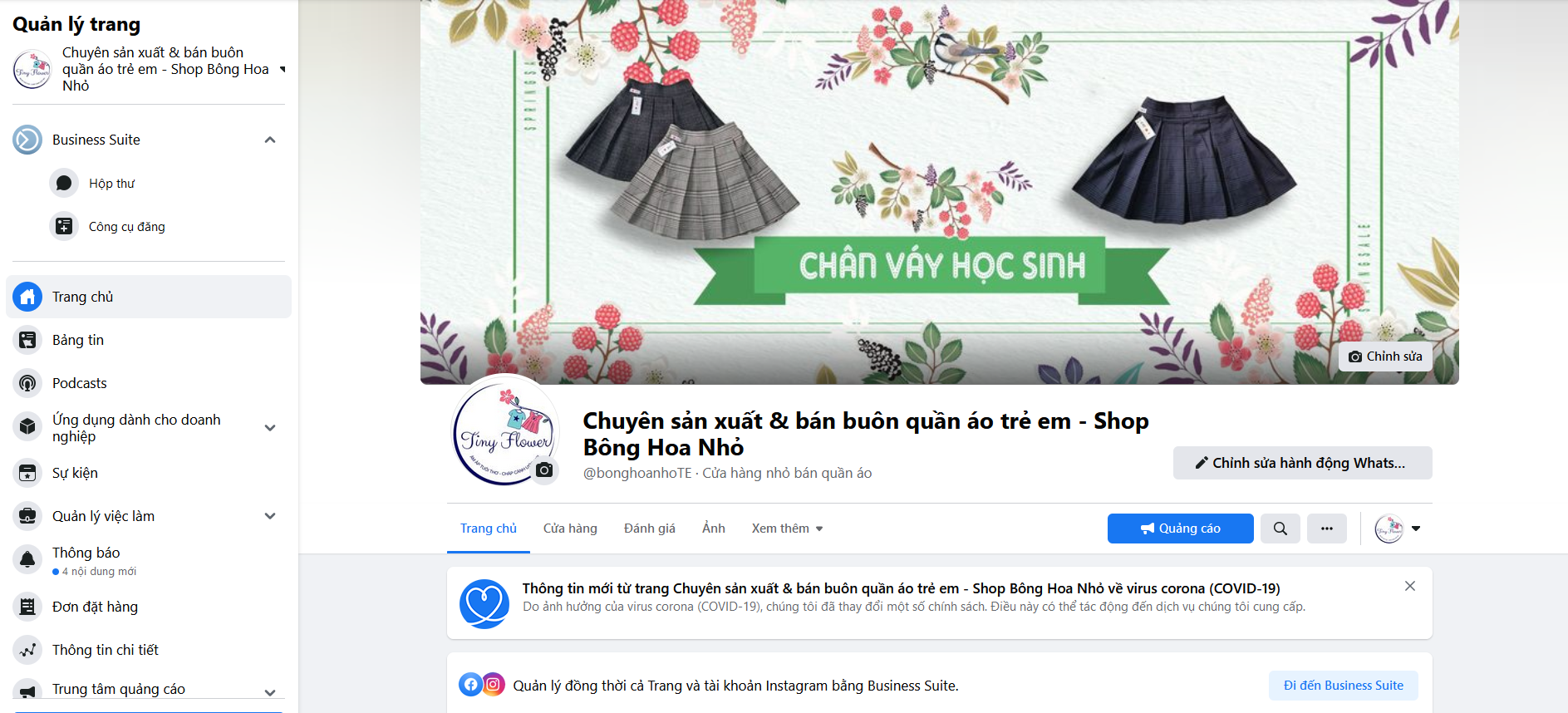 bán sỉ quần áo trẻ em qua fanpage